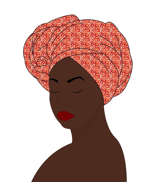 Portrait of a beautiful African woman in a turban African woman with a bright scarf on her head Kenyan woman with colorful scarf Vector design for banner flyer