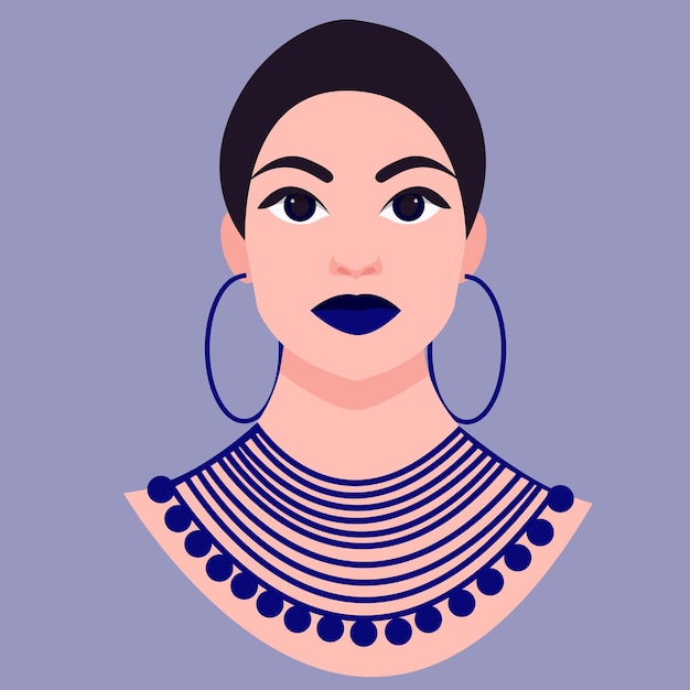 Portrait of a beautiful  American woman with blue jewelry and lipstick.