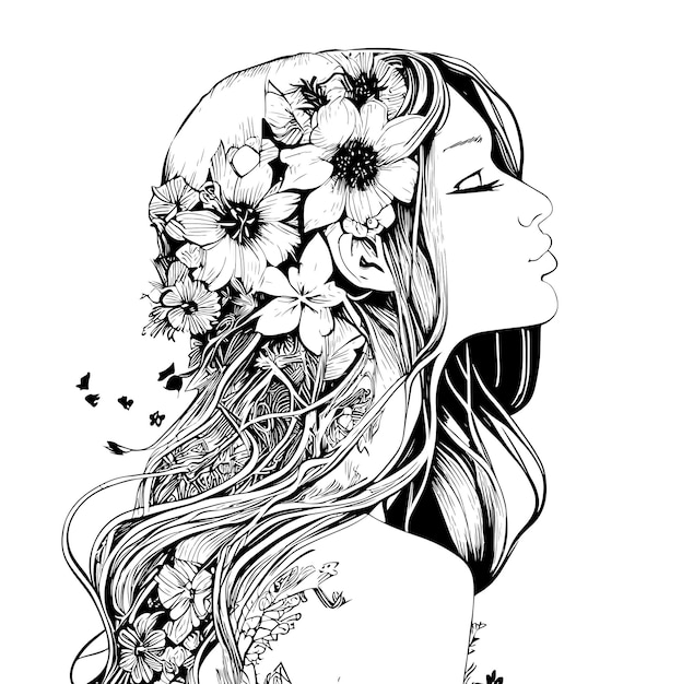 Portrait of a beautiful girl with long flower hair sketch hand drawn Vector illustration.