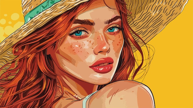 Vector portrait of beautiful redhead woman in straw hat