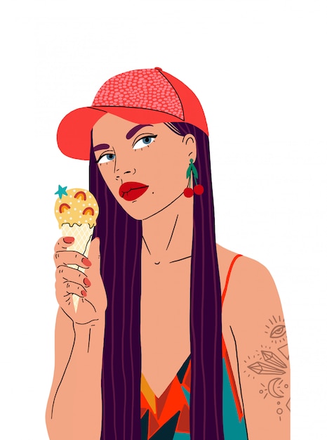 Portrait of a beautiful woman in a cap, with long hair, in a bright sundress, holding an ice cream. The confident girl isolated on a white background.