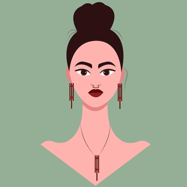 Portrait of a beautiful woman with jewelry. Vector illustration in flat style.