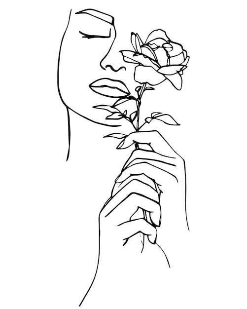 Portrait of beautiful woman with rose flower.  Line drawing. - Vector illustration.