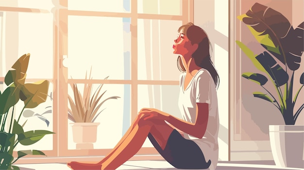 Portrait of Beautiful Young Woman at Home Vector Style