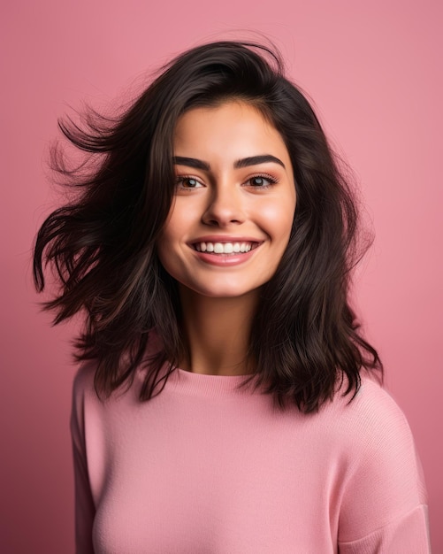 Vector portrait of a beautiful young woman with long black hair on pink background