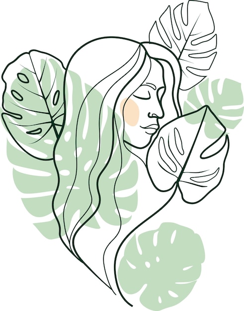 Portrait of a beautiful young woman with monstera leafes