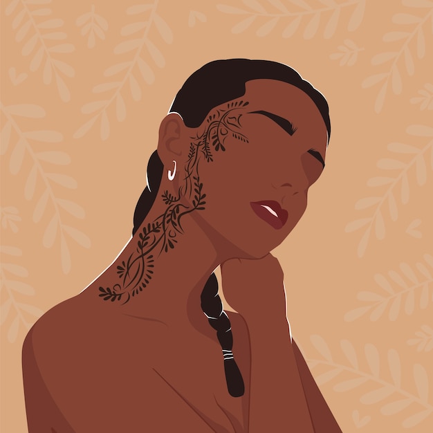 Portrait of a black woman with a tattoo on her face Modern fashion illustration