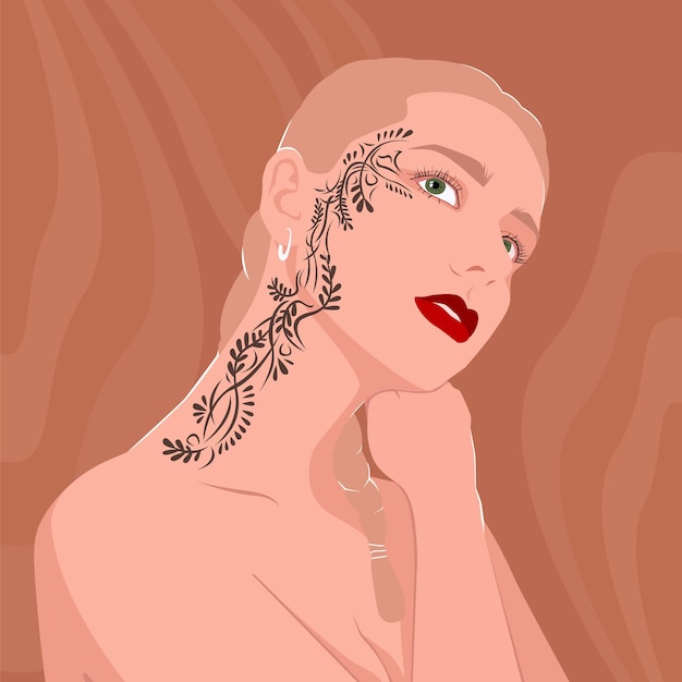 Portrait of a blonde woman with a tattoo on her face Modern fashion illustration