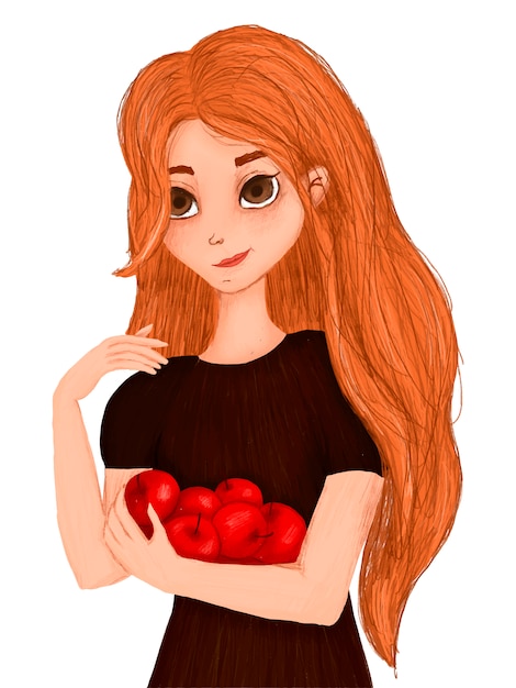 Portrait of a cartoon girl with apples in her hands