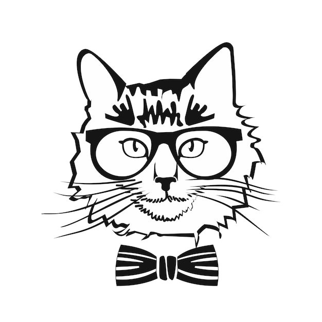 Portrait of a cat with bow tie and glasses Black and white