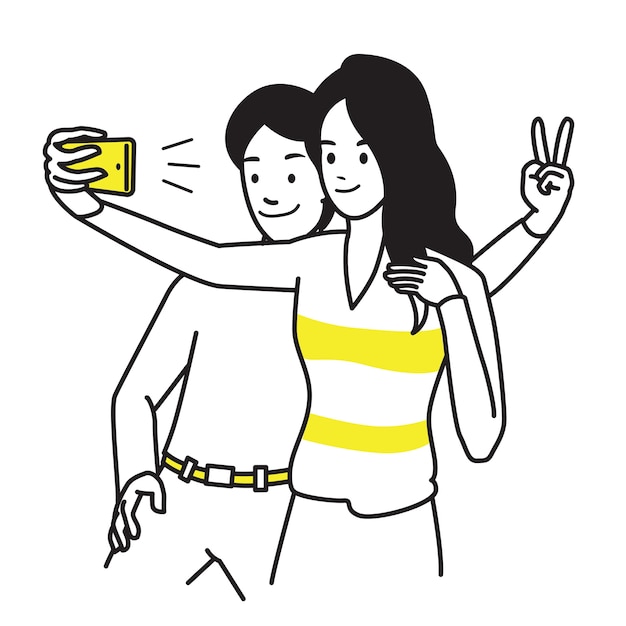 portrait character of young man and woman, holding smartphone, making selfie photo with smile and happiness.