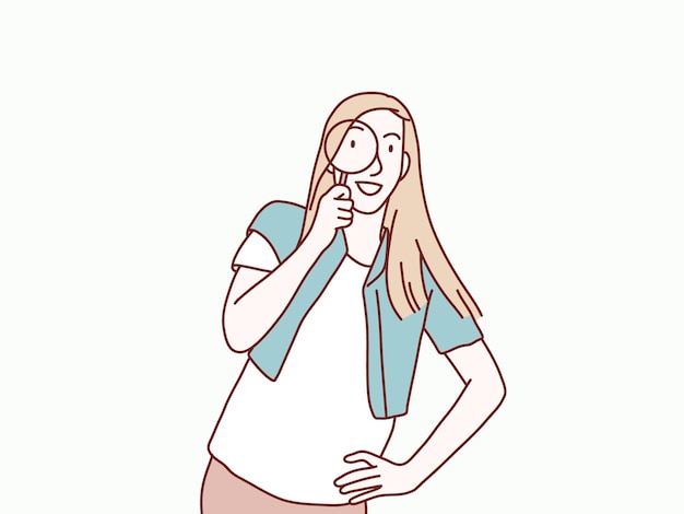 Portrait of a cheerful pretty girl looking through magnifying glass simple korean style illustration