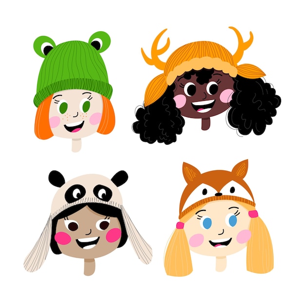 Portrait childrens  of different nationalities in funny winter hats in the form of animals