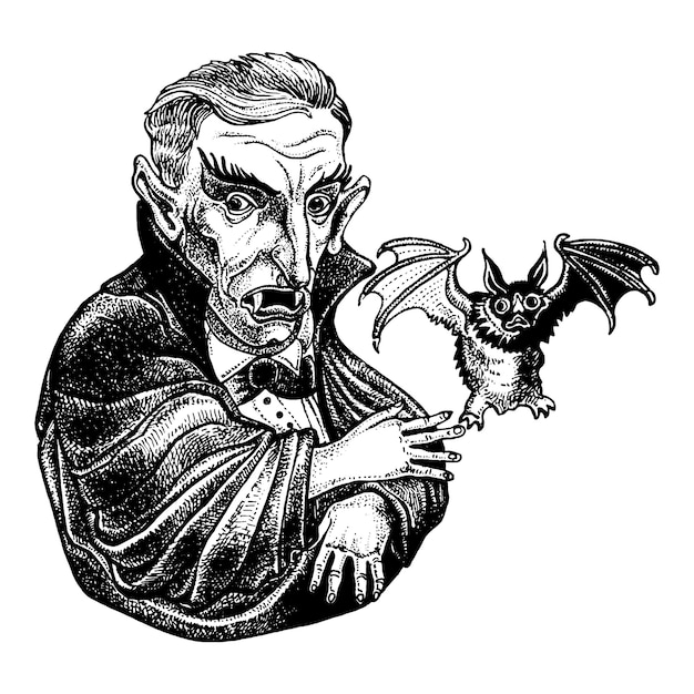 Portrait of Count Dracula with bat Hand drawn illustration