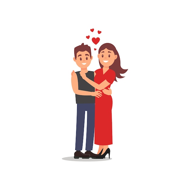 Portrait of couple in love Guy hugging his girlfriend Young woman in long red dress Flat vector design