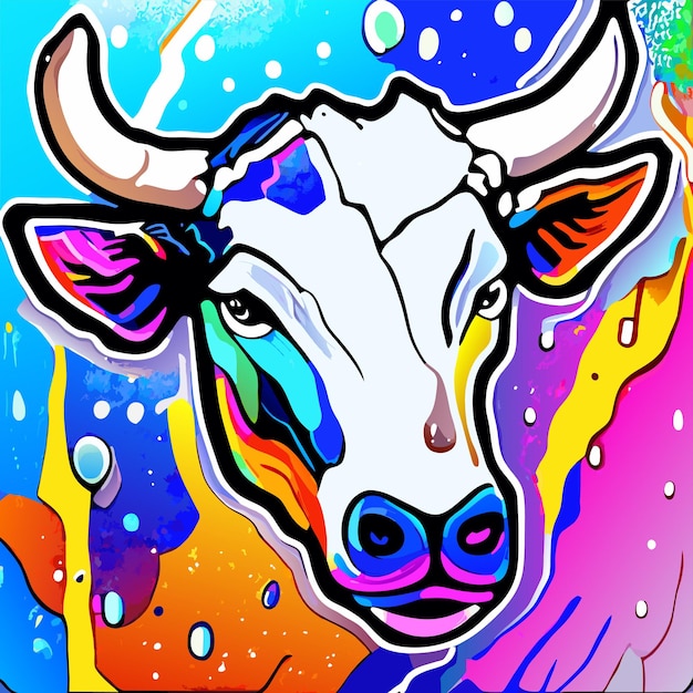 Vector portrait of cow in pop art style flying colors expression hand drawn flat stylish cartoon sticker