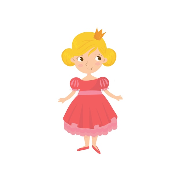 Portrait of cute fairy tale princess in pink dress and golden crown on head Cartoon character of little girl with smiling face expression Colorful flat vector design