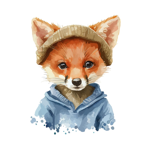 Portrait of cute fox watercolor Realistic fox autum animal with fashion jacket clothing isolated on white background Drawing vector illustration