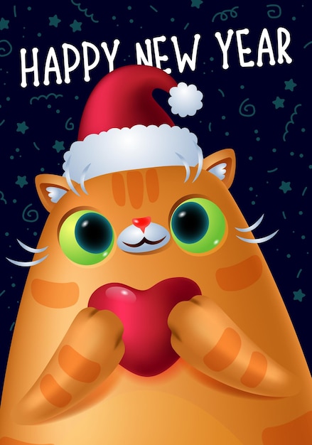 Portrait cute ginger cat Santa gives heart Christmas and New Year illustration Greeting Card Banner