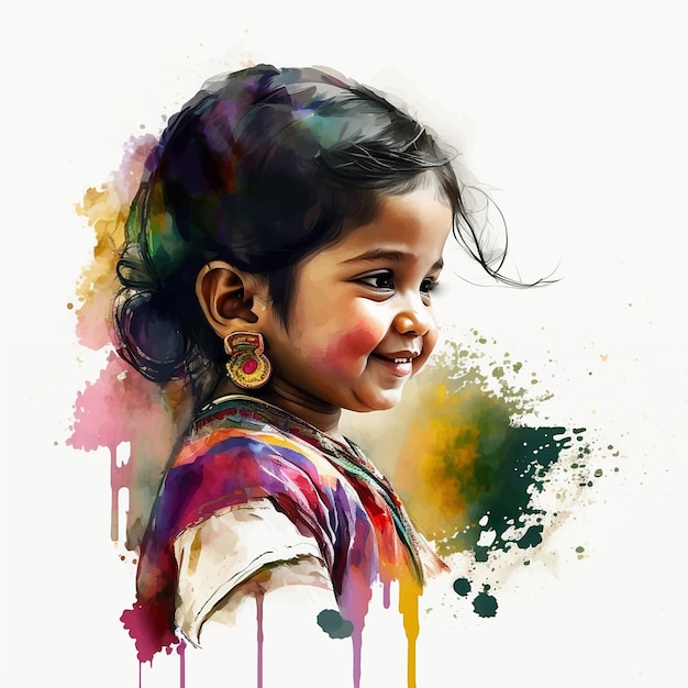 Portrait of cute little girl water coler paint