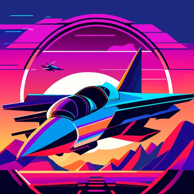 portrait of a cyberpunk modern plane on a retro landscape vector illustration