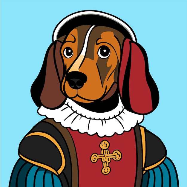 Vector portrait of a dog wearing a historic military uniform hand drawn flat stylish cartoon sticker