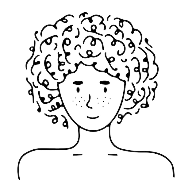 Portrait of doodle young person with curly hair. Man or woman, boy or girl. Trendy hand drawn icon