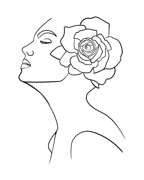 Portrait, face with flower. Simple, minimalist vector illustration of beautiful woman. Line drawing