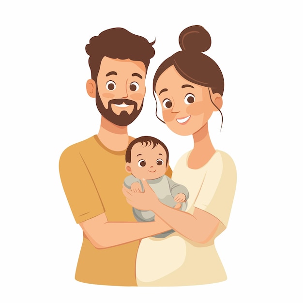 Vector portrait of family with newborn baby happy young parents