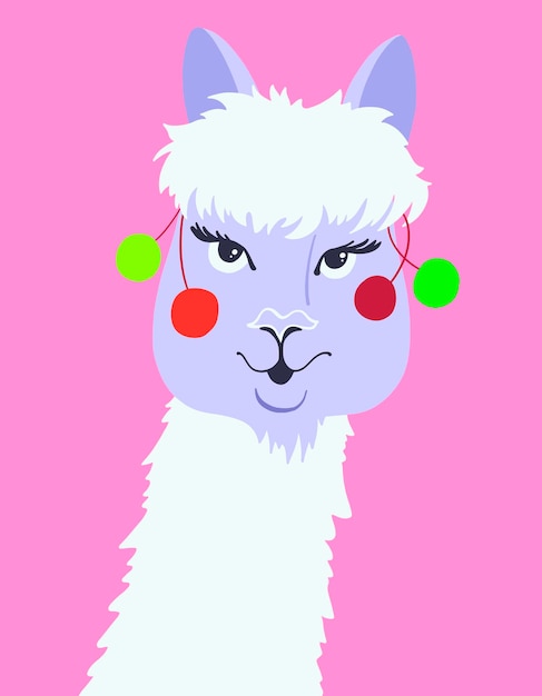 Portrait of funny llama in flat style alpaca head on pink backg