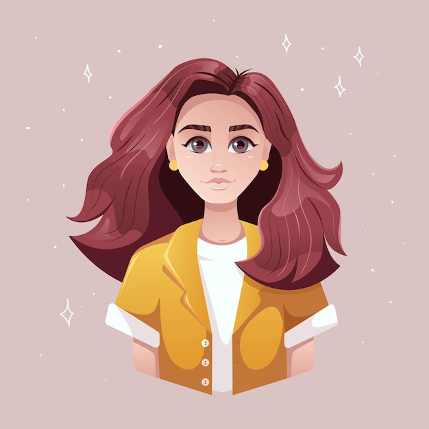 portrait of a girl in cartoon style with long hair illustration in pastel colors