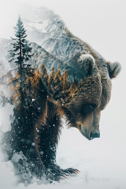 Vector a portrait of a grizzly bear in an xray style collage style image double exposure