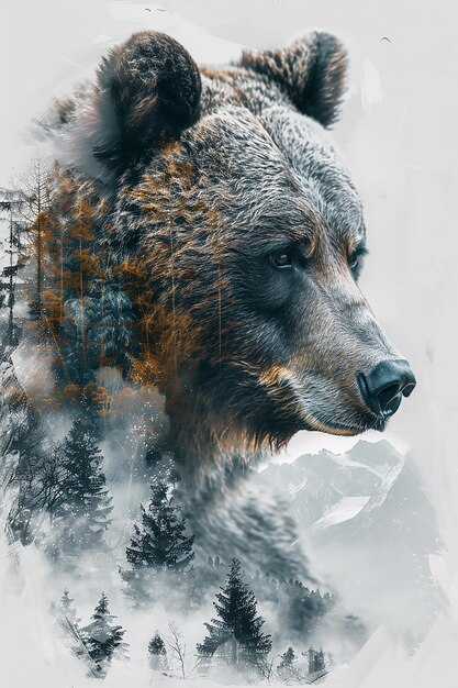 Vector a portrait of a grizzly bear in an xray style collage style image double exposure