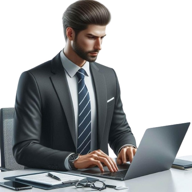 Portrait of handsome businessman using laptop at his workplace