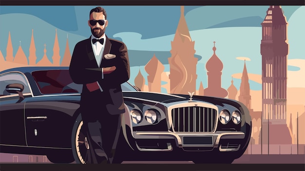 Vector portrait of handsome chauffeur near luxury car