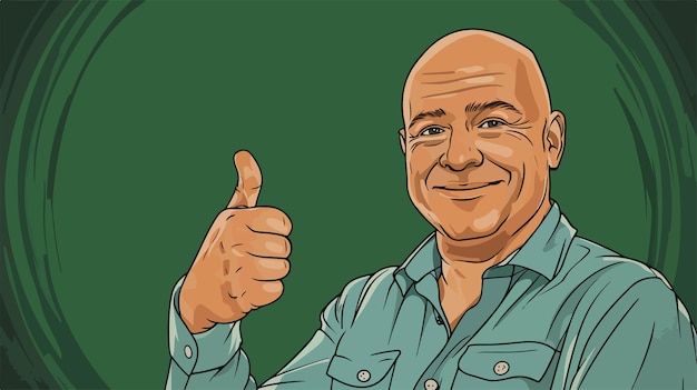 Vector portrait of happy bald man showing thumbup on green background