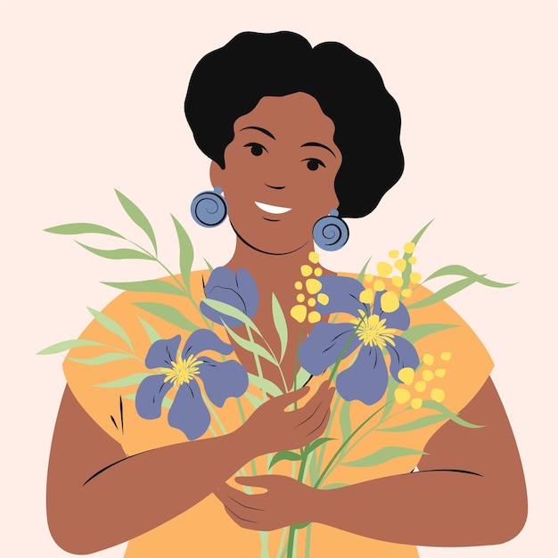 Portrait of a happy curvy african american woman with flowers Stylish modern girl with dark hair