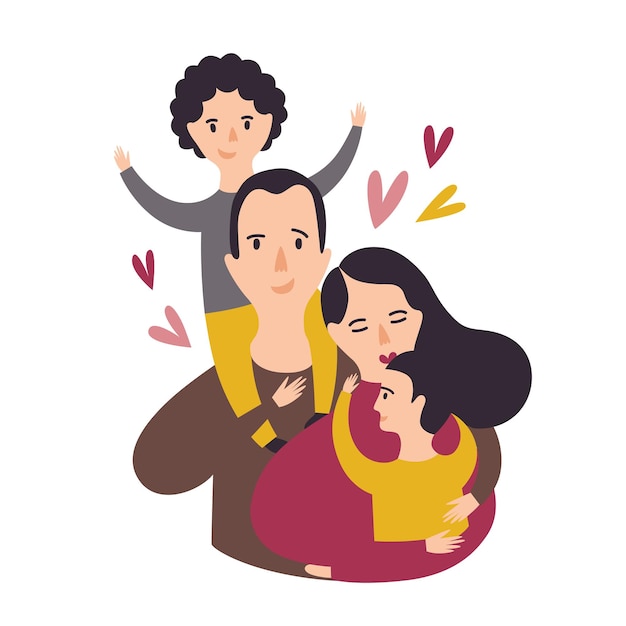 Portrait of happy loving family. Smiling dad, mom, and two sons. Joyful father, mother and pair of kids. Parents and children. Adorable cartoon characters. Colorful vector illustration in flat style.