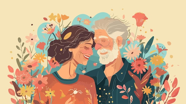 Portrait of Happy Mature Couple with Flowers