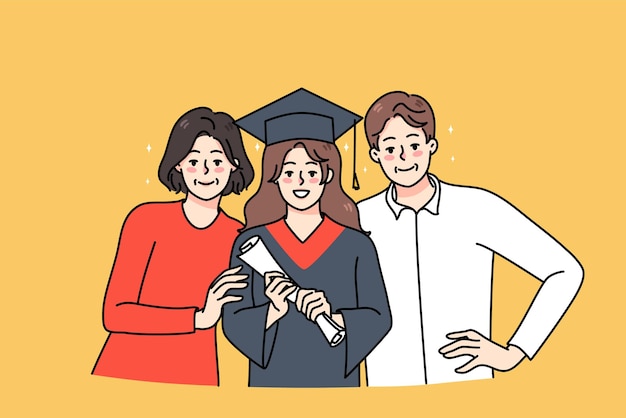 Portrait of happy parents with smiling millennial daughter in graduation cap and mantle Proud mother and father with girl child graduate from school or university Education success concept