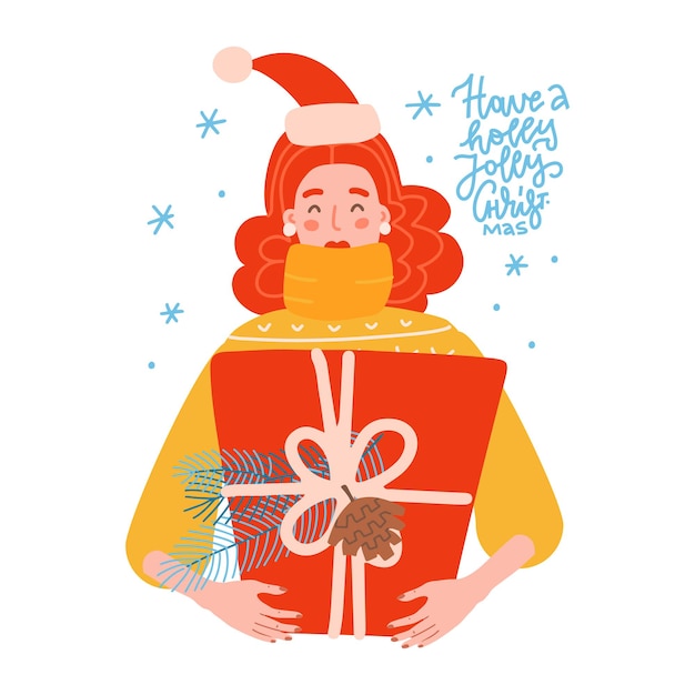 Portrait of happy woman hugs a big gift box with a large bow christmas gift concept vector flat illu...