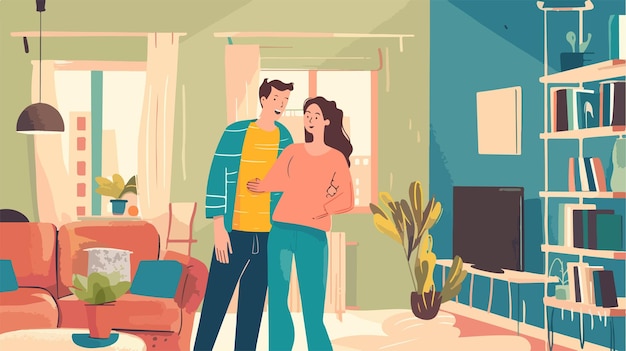 Portrait of Happy Young Couple at Home in Vector Style