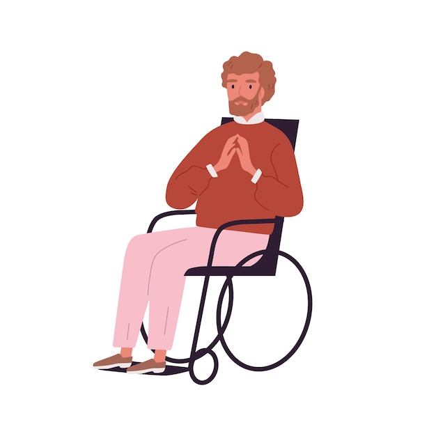 Portrait of invalid, disabled young man sitting in wheelchair. Handicapped character with limited mobility. Successful paraplegic person on white background. Flat vector cartoon isolated illustration.