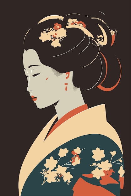 Portrait japanese geisha in kimono japan woman in traditional floral ornament