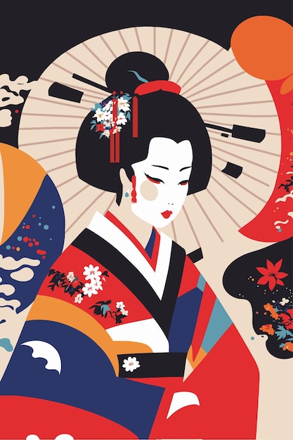 Portrait japanese geisha in kimono japan woman in traditional floral ornament