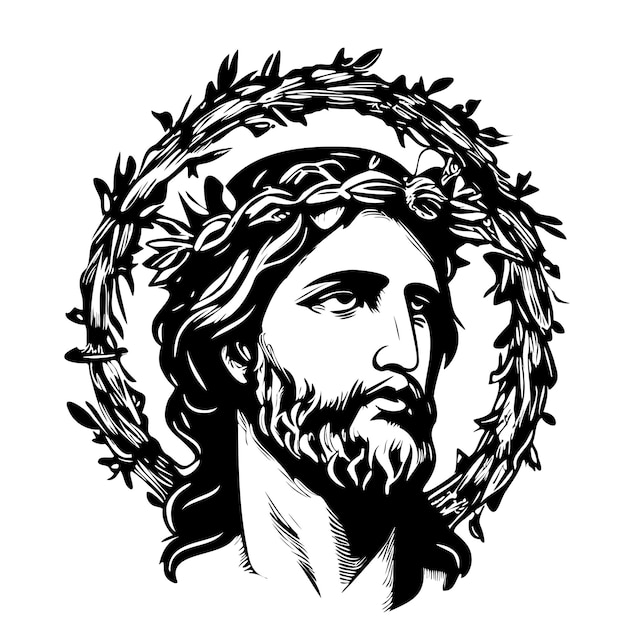 Portrait of Jesus in a wreath hand drawn sketch in doodle style Vector illustration