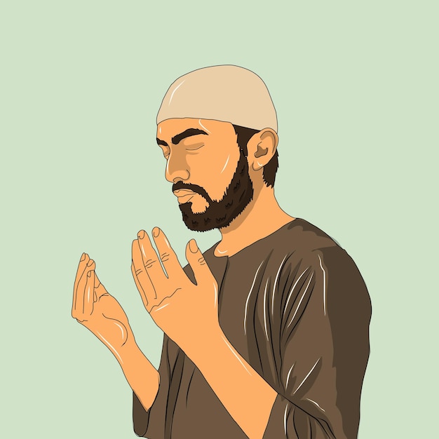 portrait of a man moslem praying in cartoon vector drawing