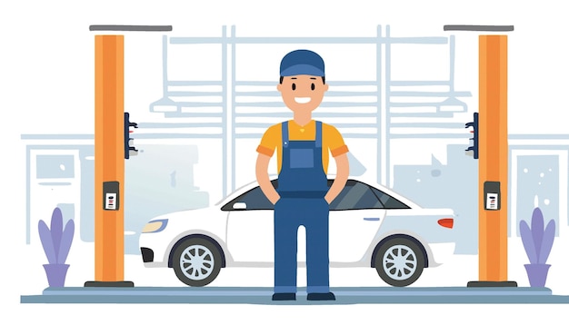 Portrait of mechanic stand near damage car repair center or garage Vector illustration