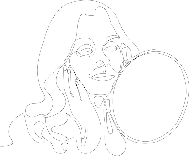 Vector portrait middle age woman looking at mirror touching her skin