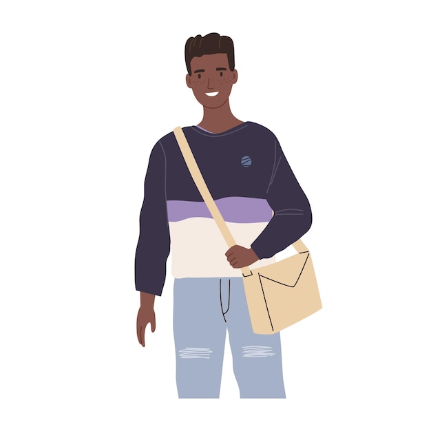 Portrait of modern African student. Happy young black-skinned man wearing casual clothing and crossbody bag. Colored flat vector illustration of smiling guy isolated on white background.